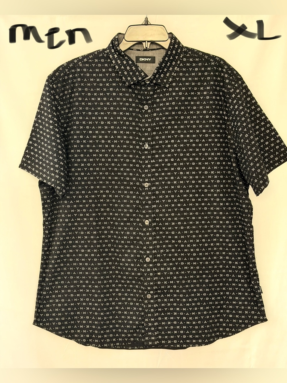 DKNY Menโs Black Short-Sleeve Button-Up Shirt with White Micro Print